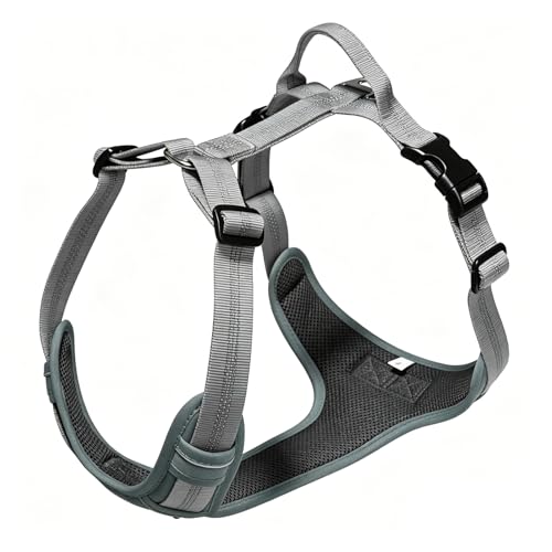 No Pull Dog Harness, Adjustable Vest with Front & Back Metal Leash Clips, Reflective for Safe Night Walks, Traffic Handle & Seatbelt Compatible, Breathable Padded Harness, Grey, L - color: Grey, size: L