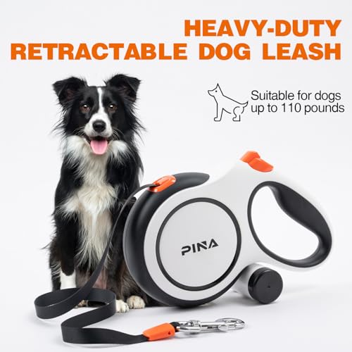 PINA Upgraded Retractable Dog Leash, 26 ft Dog Leash for Small Medium Large Dogs Up to 110lbs, Heavy Duty Reflective Nylon Tape 360° Tangle-Free, with Anti-Slip Handle, One-Handed Brake, Pause, Lock - color: White