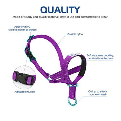 Pawaboo Dog Muzzle, Head Halter Collar for Dogs, Pet Dogs Nylon Reflective Adjustable Loop Anti-Biting Barking Control Easy Fit Dog Stops Pulling Head Leash, Medium Size, Purple - color: Purple, size: Medium