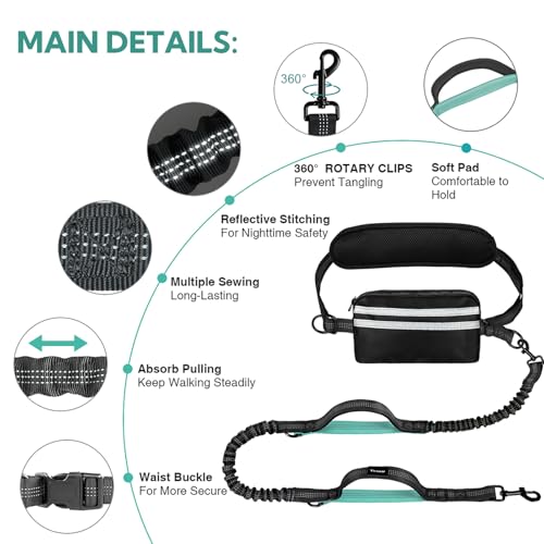 Hands Free Dog Leash with Pouch, Adjustable Waist Belt with Double Padded Handles, Waist Leash for Dog Walking Accessories, Olive - color: Black/Mint Green