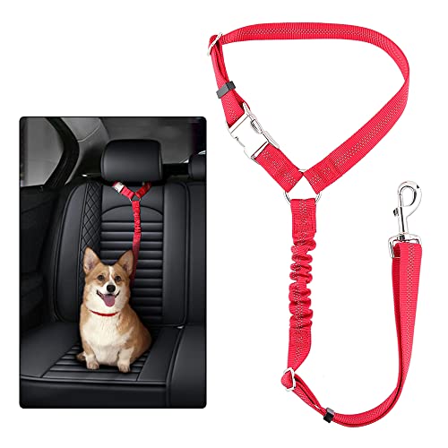 Plutus Pet Dog Seat Belt for Car Headrest, Reflective and Adjustable Restraint with Elastic Bungee for Safety, Vehicle Seatbelt Harness for Small Medium Large Dogs and Cats - color: Red