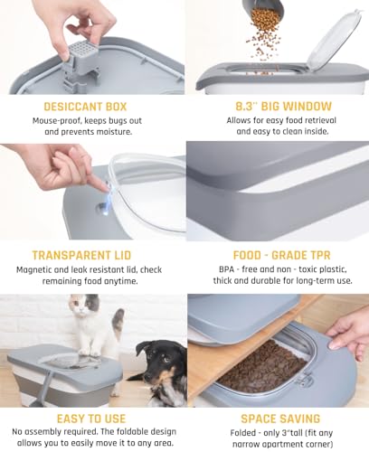 HOYTAMDAR 13 Lbs Dog Food Container, Collapsible Dog Food Storage Container with Airtight Lid, Cat Food Storage container Dry Food for Pets, Rice, Cereal, Silicone Pet Bowl and Dog Food Scoop - color: Grey1-13lbs
