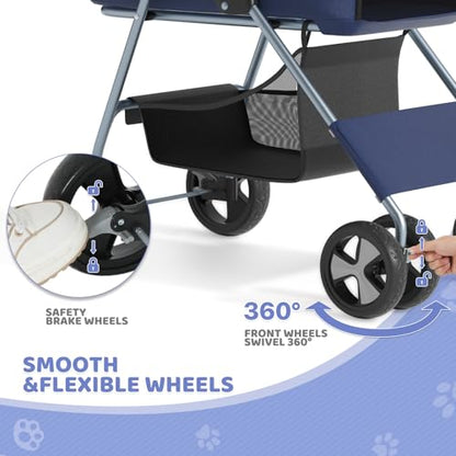 Magshion Foldable Pet Stroller, 3-in-1 Dog Travel Jogger with Detachable Carrier, Cup Holder, Storage Basket, Folding Carrier for Small/Medium Dogs & Cats Up to 33 lbs, Navy Blue - color: Navy Blue, style: Up to 33 lbs