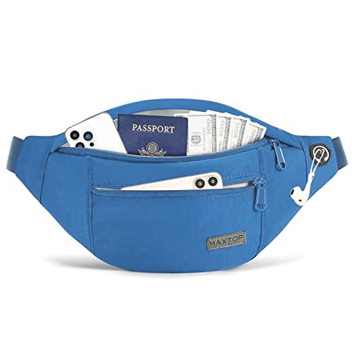 MAXTOP Large Crossbody Fanny Pack with 4-Zipper Pockets,Gifts for Enjoy Sports Festival Workout Traveling Running Casual Hands-Free Wallets Waist Pack Phone Bag Carrying All Phones - color: Blue(Washed Nylon with Blue Zipper), size: Large, style: Large Fa