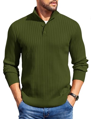 COOFANDY Mens Quarter Button Sweater Long Sleeve Stand Collar Sweaters Casual Knitted Ribbed Dress Pullover - color: Army Green, size: Medium