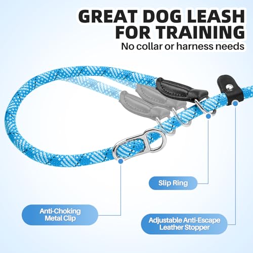 SlowTon Slip Lead Dog Leash, Adjustable 4-6 FT, 1/2” Rope, Heavy Duty Nylon Leashes with Padded Handle & Highly Reflective Threads, No Pull Training Leash for Medium Large Dogs 20-120lb (Light Blue,S) - color: Light Blue, size: 4-6 Ft
