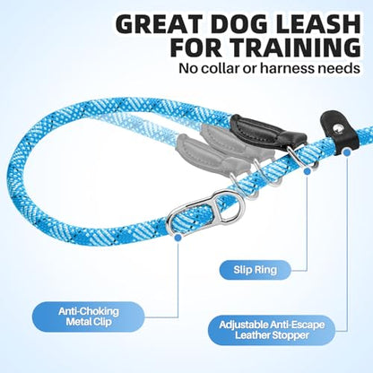 SlowTon Slip Lead Dog Leash, Adjustable 4-6 FT, 1/2” Rope, Heavy Duty Nylon Leashes with Padded Handle & Highly Reflective Threads, No Pull Training Leash for Medium Large Dogs 20-120lb (Light Blue,S) - color: Light Blue, size: 4-6 Ft