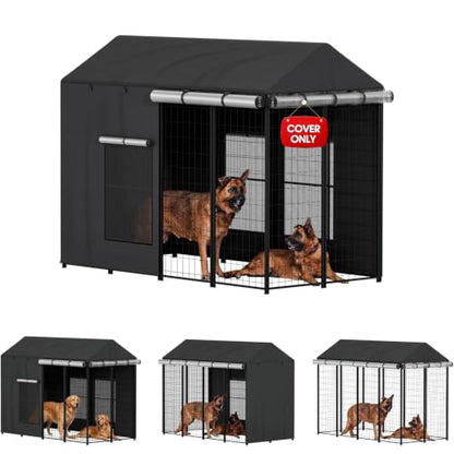 Dog Kennel Cover Outdoor 8'Dx4'Wx6'H for Large Dog Cages, Full Coverage 1200D Heavy Duty Waterproof with Transparent PVC Window (Cover Only)