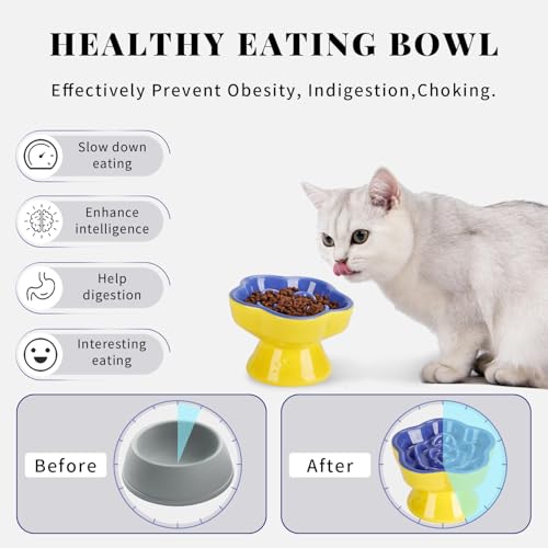 S&Q's CERAMICS Raised Slow Feeder Cat Bowl, Ceramic Elevated and Titled Pet Food Bowl, Small Dogs Slow Feeder, Flower Shaped Dish for Dry and Wet Food (Blue, 5.8") - color: Blue