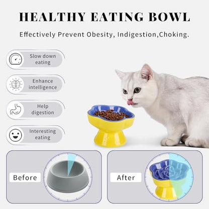 S&Q's CERAMICS Raised Slow Feeder Cat Bowl, Ceramic Elevated and Titled Pet Food Bowl, Small Dogs Slow Feeder, Flower Shaped Dish for Dry and Wet Food (Blue, 5.8") - color: Blue
