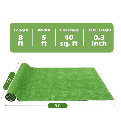 Tangkula 8Ft x 5 Ft Artificial Turf Rug, Realistic Indoor Outdoor Garden Lawn Landscape with 0.3" Pile Height, Grass Turf with Drainage Holes, Dog Potty Pad Fake Faux Grass for Patio, Balcony, Yard