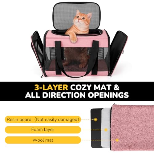 Hipubby Cat Carrier Dog Carrier for Pets Up to 16 Lbs, Soft-Sided Pet Travel Carrier for Cats and Small Dogs, Airline Approved Pet Carrying Case with Shoulder Strap & Removable Mat - Pink - color: Pink