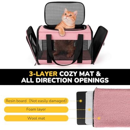Hipubby Cat Carrier Dog Carrier for Pets Up to 16 Lbs, Soft-Sided Pet Travel Carrier for Cats and Small Dogs, Airline Approved Pet Carrying Case with Shoulder Strap & Removable Mat - Pink - color: Pink