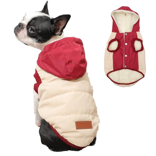 Vecomfy Fleece Lining Extra Warm Dog Hoodie in Winter,Small Dog Jacket Puppy Coats with Hooded,Beige and Red S - color: Beige and Red, size: Small (Pack of 1)