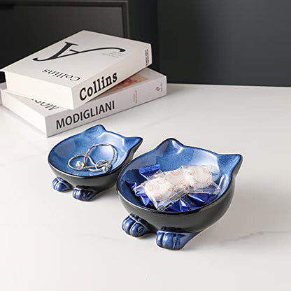 Nihow Ceramic Basic Cat Bowl: 5 Inch Cat Dish for Food & Water - Food Grade, Microwave & Dishwasher Safe - Elegant Blue & Black (4.25 OZ /1 PC) - color: Blue & Black, size: 4.25 OZ
