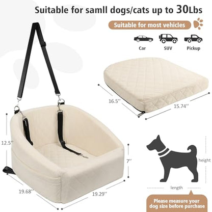 NEEZUKAR Dog Car Seat for Small Medium Dogs,Detachable Washable Dog Booster Seat Under 30lbs, Pet Car Seat Travel Bed with Storage Pockets and Dog Safety Belt (White) - color: White