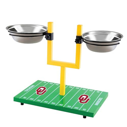 NCAA Oklahoma Sooners Goalpost Football Field Dog Feeder – Adjustable Elevated Dog Bowls with Stand, 2 Stainless Steel Bowls, Non-Slip Rubber Feet, Raised Pet Feeder for Large & Small Dogs