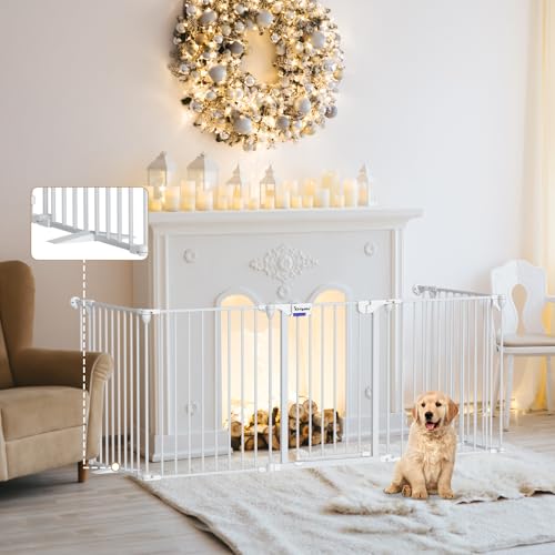 Kfvigoho Dog Gate 27.5"-129" Extra-Wide Playpen, Freestanding Pet Gate, Puppy Fence with Auto-Close Door, Double Locking System for Fireplace, Foldable (White, 5 Panels) - color: White, size: 5 Panels