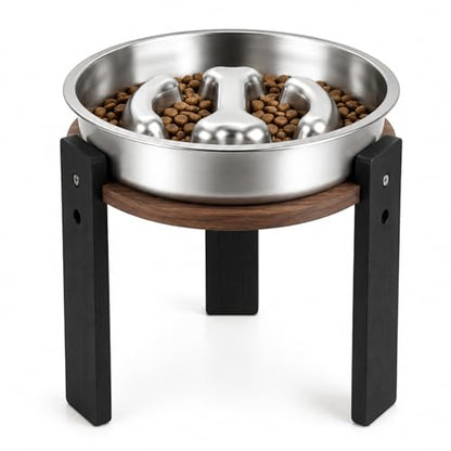 Elevated Slow Feeder Dog Bowl for Medium Dogs, Adjustable Raised Dog Bowl Stand with Stainless Steel Slow Feed Bowl, Reduces Choking & Improves Digestion, Non-Slip Bamboo Stand (Black & Walnut) - color: Black & Walnut