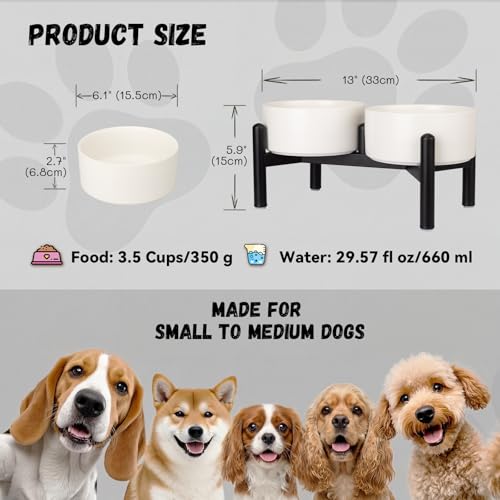 Raised Ceramic Dog Bowl Set - Elevated Double Dishes with Stainless Steel Stand - Food and Water Bowls for Small to Medium Dogs - Each Holds 3.5 Cups (29.57 fl oz) - White - color: White, size: 2 Bowls - 3.5 Cups Each