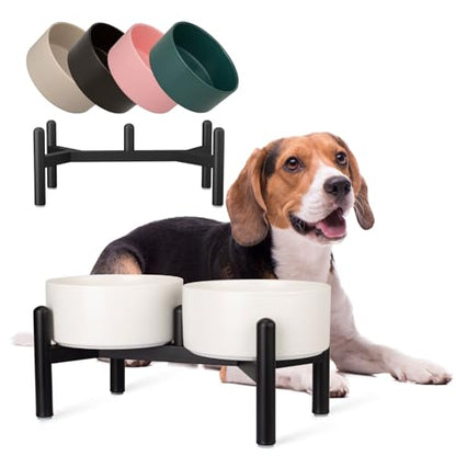Raised Ceramic Dog Bowl Set - Elevated Double Dishes with Stainless Steel Stand - Food and Water Bowls for Small to Medium Dogs - Each Holds 3.5 Cups (29.57 fl oz) - White - color: White, size: 2 Bowls - 3.5 Cups Each