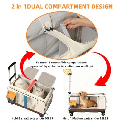 Large Cat Carrier with Wheels for 2 Cat, Double Rolling Pets Carrier on Wheel, Folding Soft-Sided Carriers with Telescopic Handle, Shoulder Strap Removable Soft-Sided Bag for Car, Vet, Outing - color: Brown