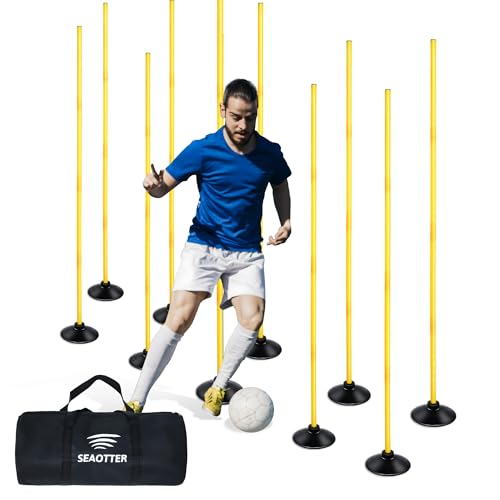 SEAOTTER Soccer Agility Poles Set, 4/6/10 Pcs 6ft Detachable Sports Trainning Speed Poles Slalom Poles with Rubber Base, Agility Training Equipment for Football, Rugby, Basketball, Indoor & Outdoor - color: Yellow, style: 10 Pack - 6ft