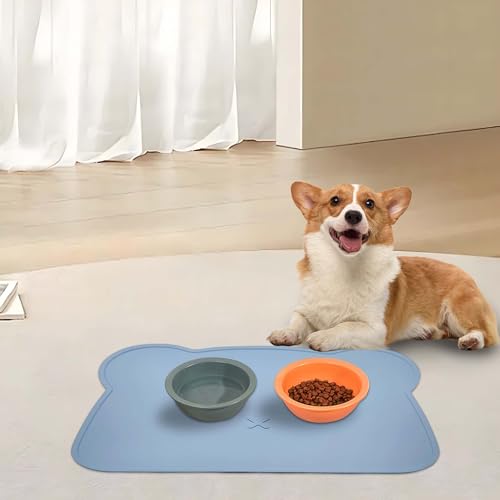 Silicone Waterproof Dog Cat Pet Feeding Mats,Anti Slip Pet Bowl Mats, BPA Free Silicone Pete Feeding Mat Bear Pattern 16In x 12In(Blue) - color: blue