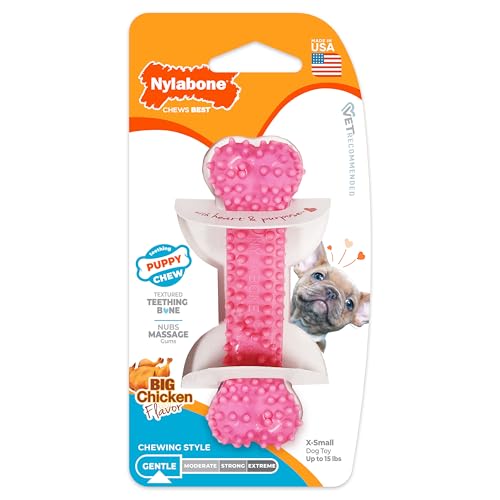 Nylabone Textured Teething Bone Puppy Chew Toy, Soothing Puppy Teething Bone, Enrichment Toy for Puppies, Pink, Chicken Flavor, X-Small Dogs - Up to 15 Ibs, 1 Count - color: Pink, size: X-Small