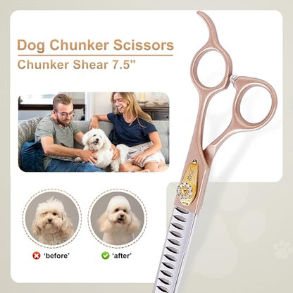 Professional Dog Grooming Scissors Rose Gold 440C Stainless Steel Straight Thinning Curved Chunker Shears for Pet Grooming Services Dogs and Cats (Chunker, 7.5‘’) - size: 7.5‘’, style: Chunker