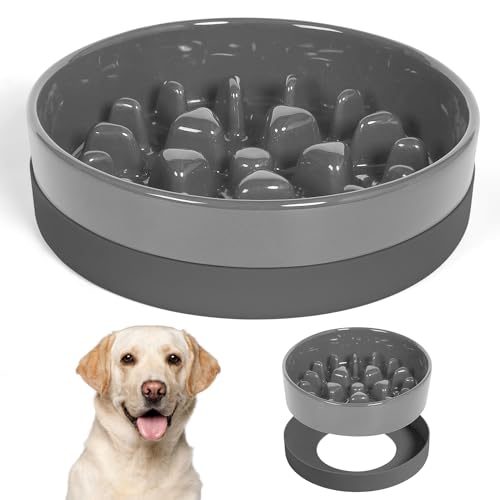 Sted Ceramic Slow Feeder Dog Bowls for Medium Large Breed, Slow Feeding Dog Bowl, Dogs Food Bowls for Fast Eaters, Puzzle Dogs Food Bowl with Silicone Base, Maze Grey - color: Grey, size: Large-9.5 inches