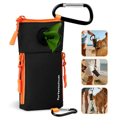 Dog Poop Bag Holder for Leash with 2 Waterproof Storage Pouches, Carabiner Clip, Zipper Soft Doggy Pouch for Pet Waste Bags, Dog Walking, Training, Travel (Black) - color: Black