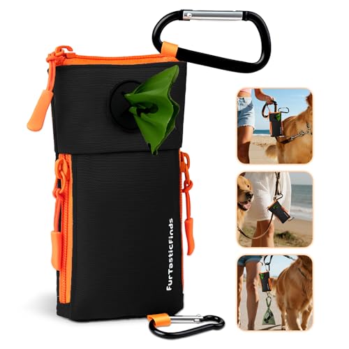 Dog Poop Bag Holder for Leash with 2 Waterproof Storage Pouches, Carabiner Clip, Zipper Soft Doggy Pouch for Pet Waste Bags, Dog Walking, Training, Travel (Black) - color: Black