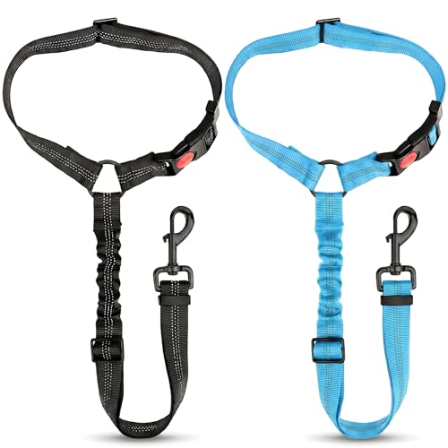 2-Pack Reflective Retractable Pet Seat Belt – Nylon Dog Tether, Adjustable Strap, Attaches to Headrest or Seat Belt – Safe for Small to Large Dogs, Fits Sedans, Trucks, SUVs (Black + Sky Blue) - color: Black + Sky Blue