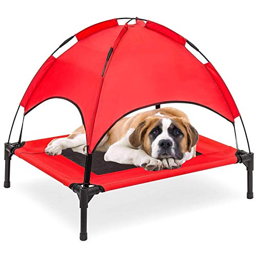 Elevated Dog Bed with Removable Canopy w/Convenient Carrying Bag Indoor Shade 1680D Portable Raised Oxford Fabric Outdoor Cooling Dog Cot Cat Bed Pet Tent for Camping (30", Red)