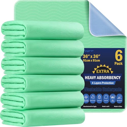 6 Pack 36” x 36” Extra Heavy Absorbency Washable Underpads, Waterproof Quick Drying Nursing Pads Incontinence Bed Pads, Reusable Washable Pee Pads for Dogs, Diaper Changing & Adults - size: 6 Pack - 36" x 36"