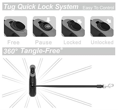 TUG 360° Tangle-Free Retractable Dog Leash with Anti-Slip Handle | 16 ft Strong Nylon Tape | One-Handed Brake, Pause, Lock (Small, Grey) - color: Grey, size: Small