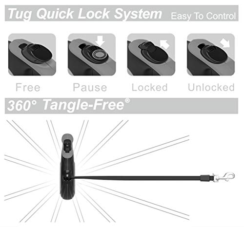 TUG 360° Tangle-Free Retractable Dog Leash with Anti-Slip Handle | 16 ft Strong Nylon Tape| One-Handed Brake, Pause, Lock (Medium, Grey) - color: Grey, size: Medium