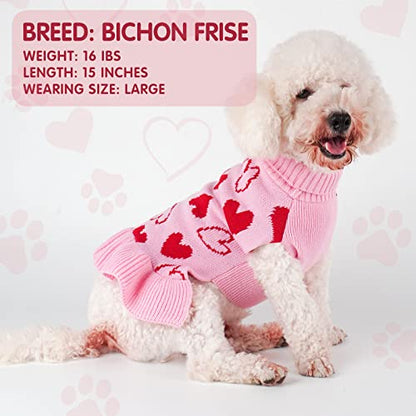 cyeollo Valentines Dog Sweater Dress, Warm Turtleneck Dog Sweaters for Small Dogs Girl, Soft Stretchy Heart Print Dogs Sweater, Comfy Pullover Knitted Pet Clothes Coat with Leash Hole, L - color: 1# Valentine's Sweater Dress, size: Large