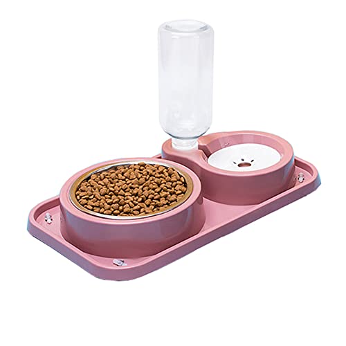 Love Dream Double Dog Cat Bowls, 2 in1 Pet Water and Food Bowl Set with Automatic Gravity Water Dispenser Bottle Detachable Stainless Steel Bowl No-Spill for Cats and Dogs Puppy Kitten Rabbit - color: Pink, size: Capacity Water Bottle: 500ML
