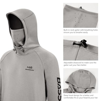 BASSDASH Men’s Fishing Fleece Hoodie with Neck Gaiter Water Resistant Performance Hunting Sweatshirt FS18M - color: Light Heather Grey, size: 4X-Large