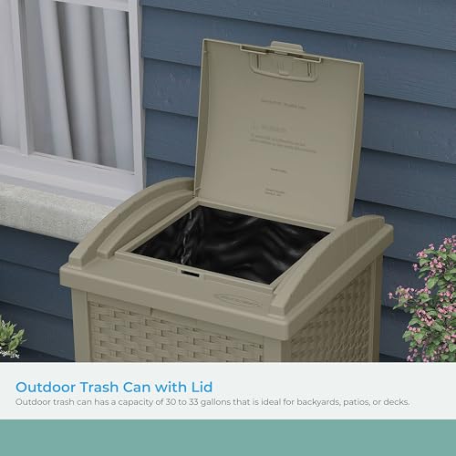 Suncast Wicker Resin Outdoor Hideaway Trash Can with Latching Lid for Use in Backyard, Deck, or Patio, Dark Taupe - color: Dark Taupe