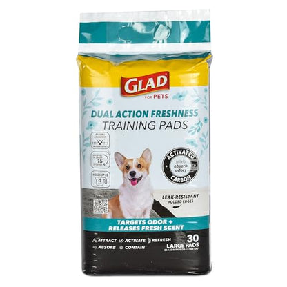 Glad for Pets Dual Action Freshness Activated Carbon Puppy Pads, Fragrance Release, Scented Odor Control, 6-Layer Leak-Proof, Pheromone Attractant, 23 x 23 Inch, 30 Count - size: 30 Count (Pack of 1)