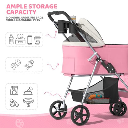Magshion Foldable Pet Stroller, 3-in-1 Dog Travel Jogger with Detachable Carrier, Cup Holder, Storage Basket, Folding Carrier for Small/Medium Dogs & Cats Up to 33 lbs, Pink - color: Pink, style: Up to 33 lbs
