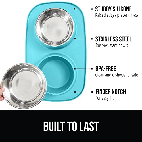 GORILLA GRIP Dog Bowl Set with Slip Resistant Silicone Feeding Mat, Food Grade 304 Stainless Steel Bowls, BPA Free, High Edge Spill Containment, Dishwasher Safe, Finger Notch Removal, 2 Cup, Turquoise - color: Turquoise, size: 2 Cup Bowls