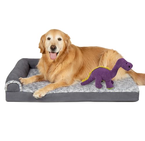 FurHaven Orthopedic Dog Bed & goDog Toy - Squeaky Plush Dino with Chew Guard Technology for Large to Medium Dogs - Two-Tone Plush Faux Fur & Suede L Shaped Chaise - Stone Gray, Large - color: Dino Toy + Stone Gray, size: Large