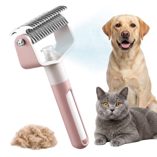Pet Pro Grooming Tool, 2026 Upgraded Undercoat Rake with Spray Bottle, Ergonomic Dematting Brush for Long-Haired Dogs & Cats, Extra Wide Hair Shedding Comb for Home Pet Grooming (Pink) - color: Pink