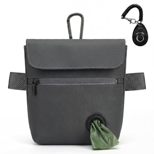 Dog Treat Pouch and Dog Training Clicker, Treat Bag with Poop Bag Dispenser, Powerful Magenetic Clasp, Metal Clip Waist Belt Fanny Pack for Pet Walk Dog Training (Dark Grey) - color: Dark Grey