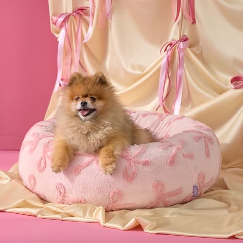 LE SURE Shown on TVDonut Small Dog Bed - Round Cat Bed for Indoor Cats Anti-Anxiety Calming Gift for Pets, Washable Cute Modern Beds with Jacquard Shaggy Plush & Anti Slip Bottom, 23 Inch, Pink Taffy - color: Bow Pink Taffy, size: 23.0"L x 23.0"W x 7.0"Th