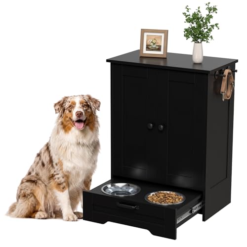 Dog Feeding Station with Storage Cabinet, Black Wood Dog Cabinet with 2 Elevated Stainless Steel Bowls, Hidden Pull-Out Feeder Drawer, Pet Feeding Station for Kitchen and Living Room - color: Black